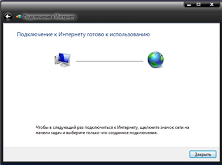 Окно подключение к Интернету готово к использованию